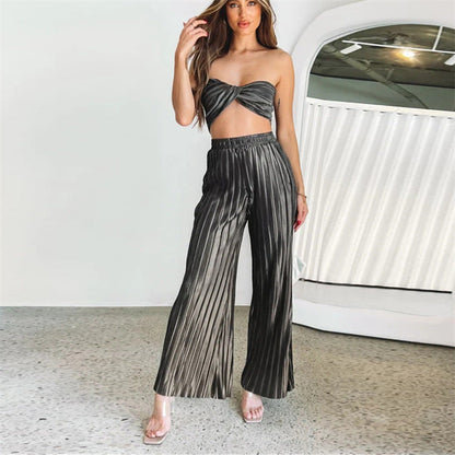 Spring Summer Pleated Suit Cropped Sleeveless Adjustable Vest Pants Two Piece Set for