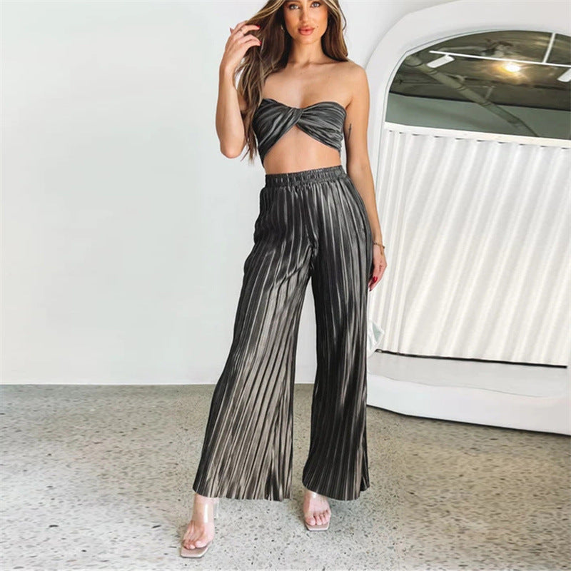 Spring Summer Pleated Suit Cropped Sleeveless Adjustable Vest Pants Two Piece Set for