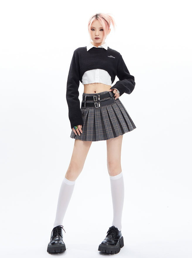 Plaid Pleated Mini Skirt With Double Buckle Belt