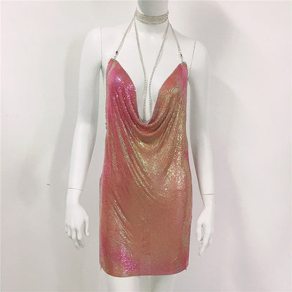 Metallic Coated Fabric Clothing Metal Sequ Dress Sweet Spicy Dress Rhinestone Cami Dress