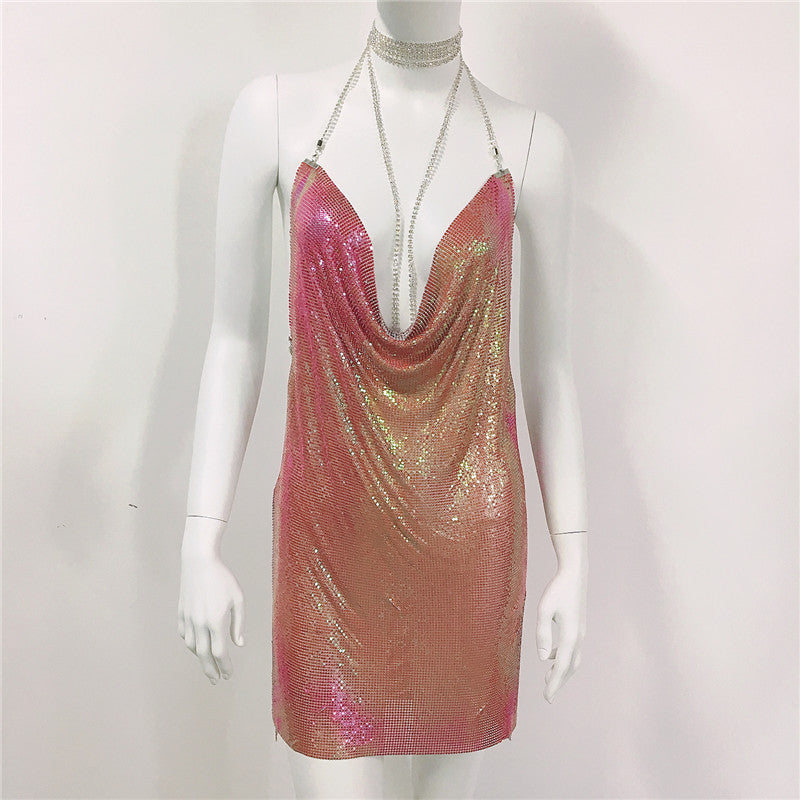 Metallic Coated Fabric Clothing Metal Sequ Dress Sweet Spicy Dress Rhinestone Cami Dress