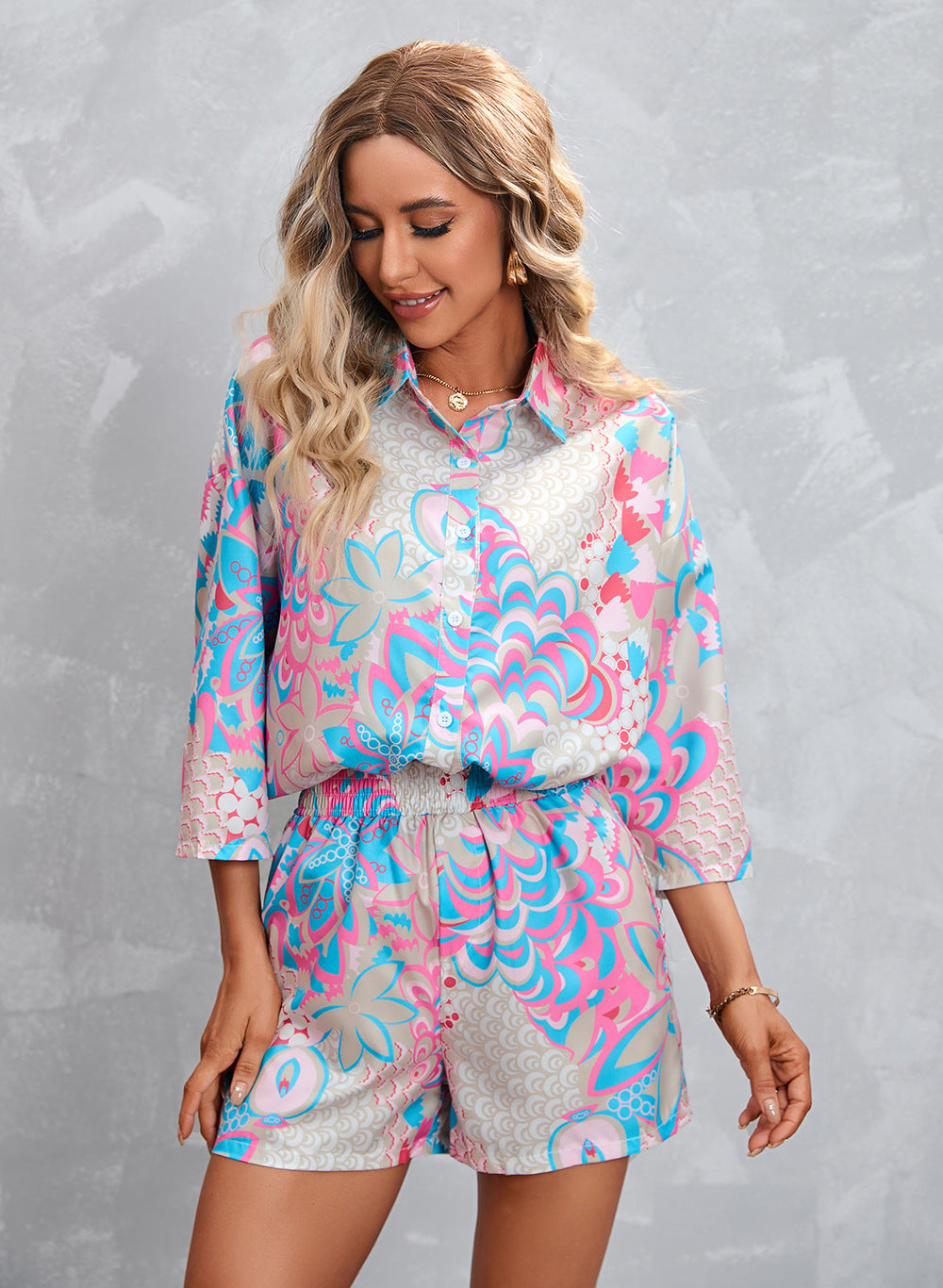 Clothing Printed 3/4 Sleeves Shorts Suit