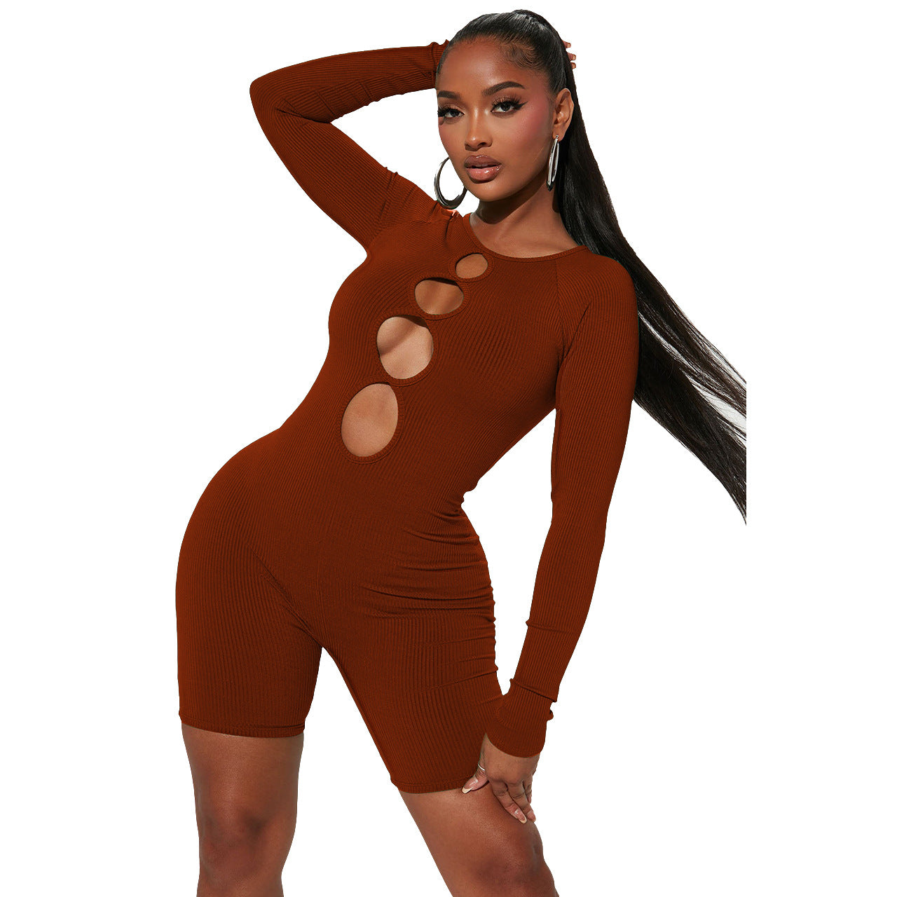 Clothing Spring Round Neck Thread Cutout Out Hip Raise Slim Fit Jumpsuit
