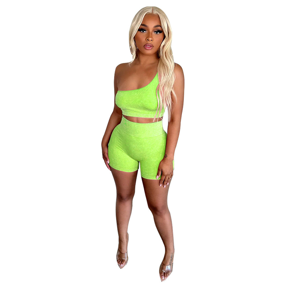 Popular Diagonal Collar Sleeveless High Waist Shorts Sports Suit
