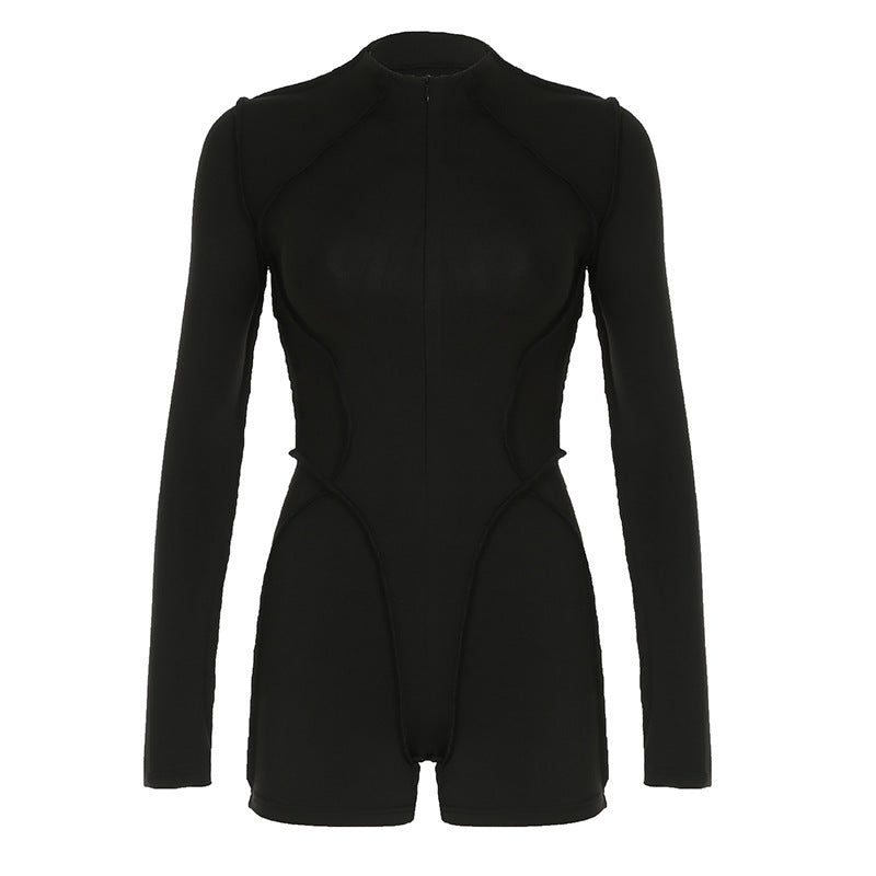 Clothing Spring Autumn Long Sleeve Reverse Car Split Zipped Round Neck Sports Jumpsuit Shorts