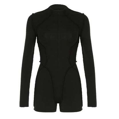 Clothing Spring Autumn Long Sleeve Reverse Car Split Zipped Round Neck Sports Jumpsuit Shorts
