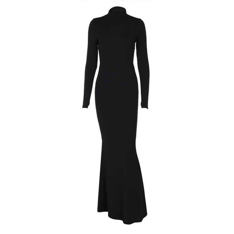 Autumn Color Half Collar Long Sleeve Personalized Bare Back Maxi Dress