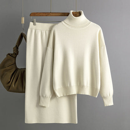 Color Turtleneck Sweater Sheath Skirt Two Piece Set Autumn Winter Knitting Suit