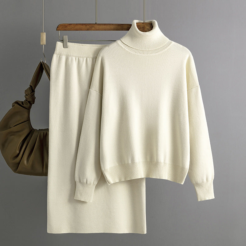 Color Turtleneck Sweater Sheath Skirt Two Piece Set Autumn Winter Knitting Suit