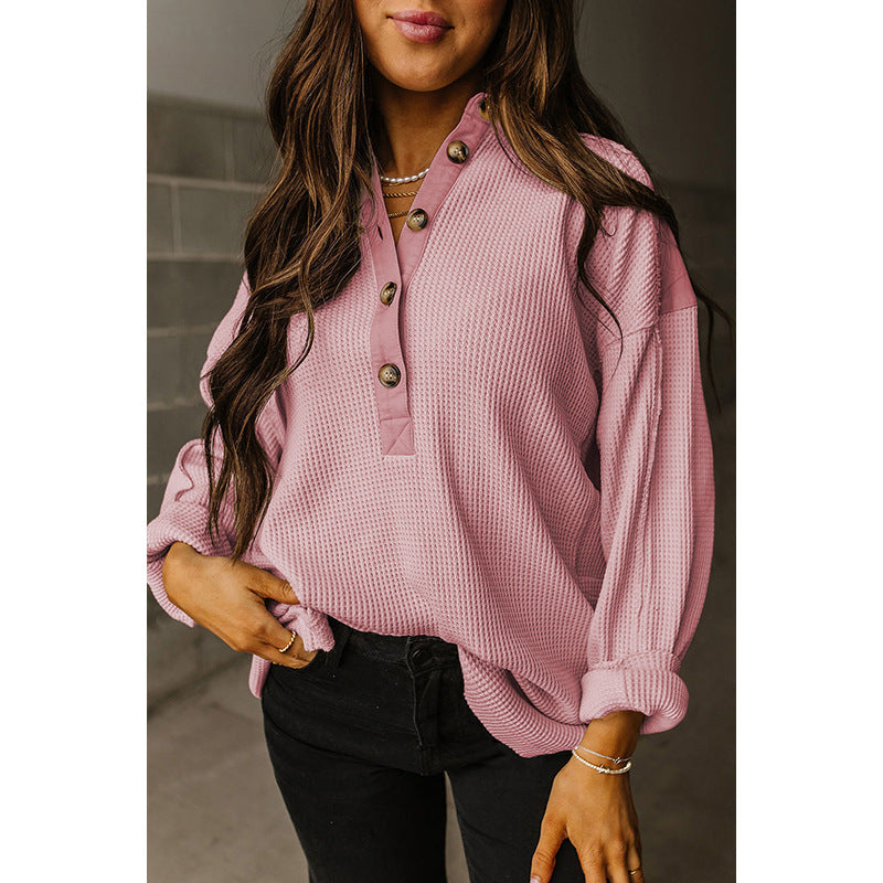 Summer Pullover Round Neck Long Sleeves Top Loose Oversize Waffle Sweatshirt