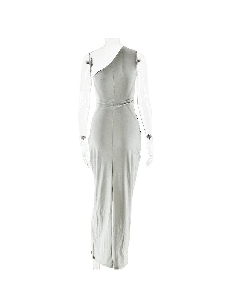 One Shoulder Sleeveless High Slit Buckle Maxi Dress