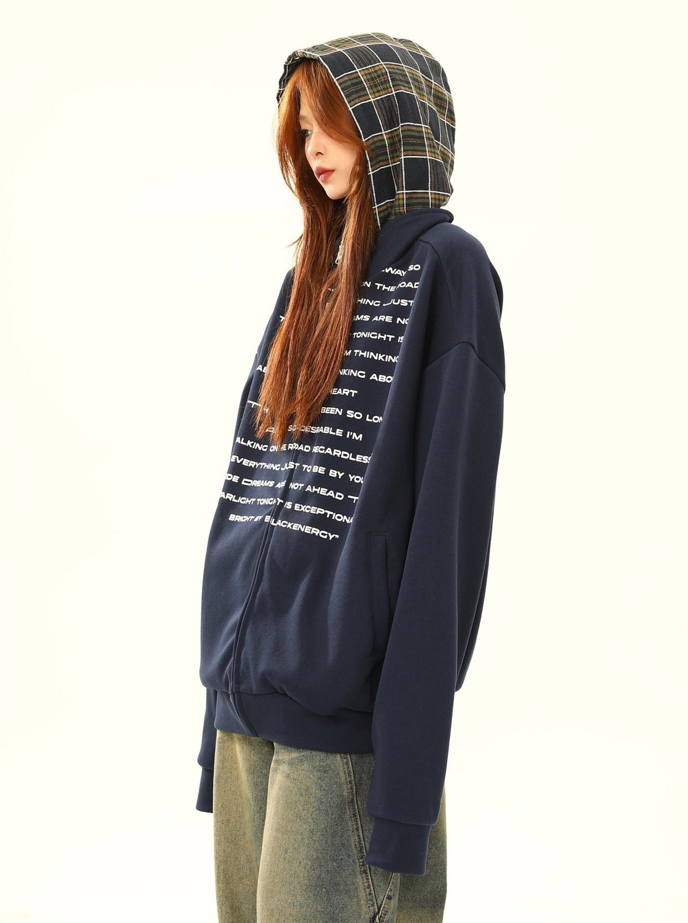 Oversized Text Print Zip-up Sweatshirt