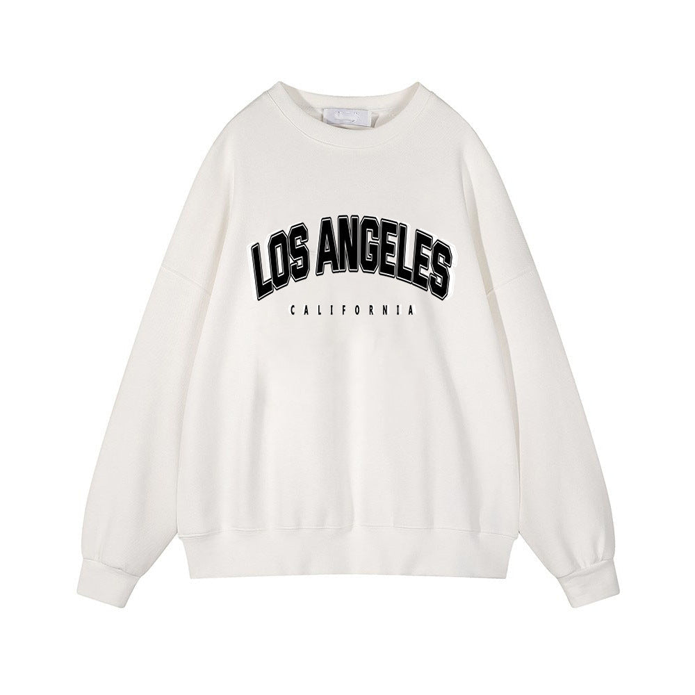 Autumn Winter Printed Loose Sweatshirt Retro Letter Graphic Pattern Fleece Lined Long Sleeve Top