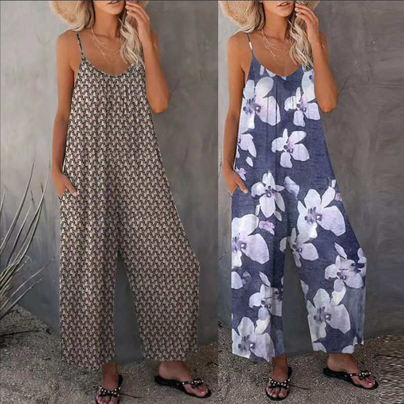 Summer Printed Sleeveless Loose Wide Leg Jumpsuit