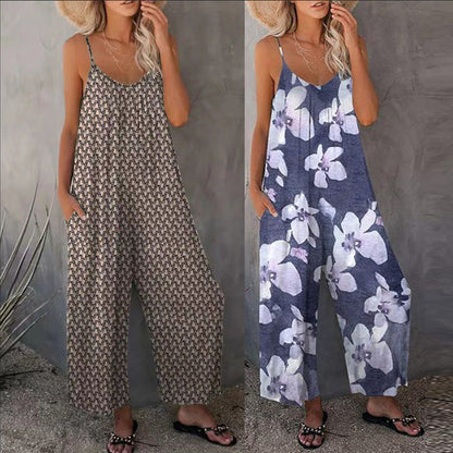 Summer Printed Sleeveless Loose Wide Leg Jumpsuit