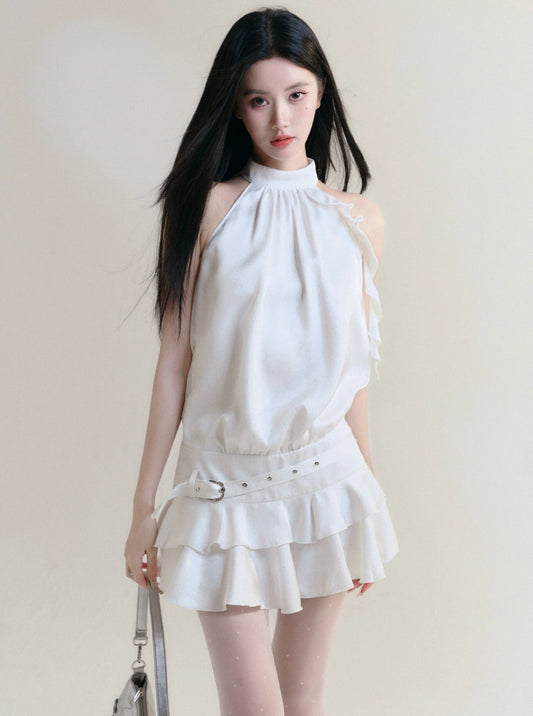 Fragile Heart White Halter Neck Ruffle Mini Dress With Belted Waist