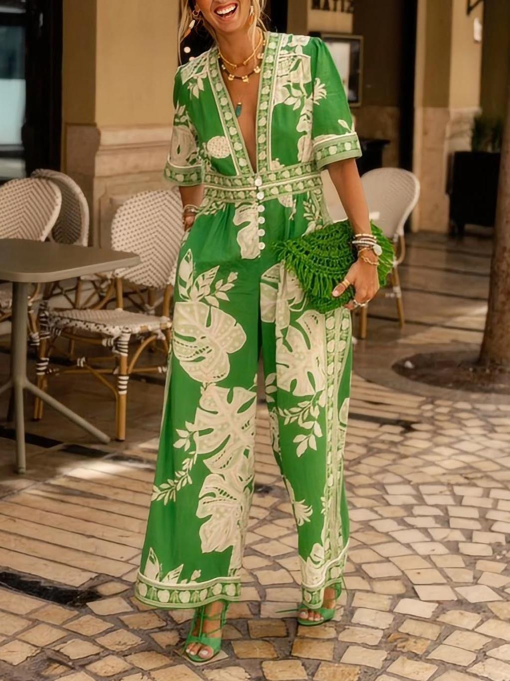 Fresh Holiday Print V-neck Short Sleeve Jumpsuit