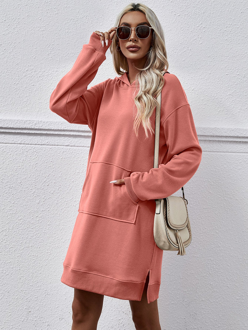 Autumn Winter Clothing Hooded Long Sleeve Kangaroo Pocket Split Long Sweater Dress