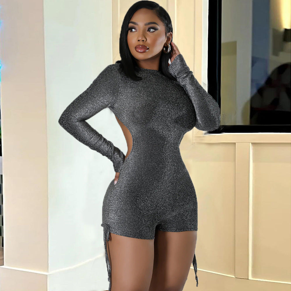 High Elastic Tight Cutout Zipper Silver Silk Jumpsuit