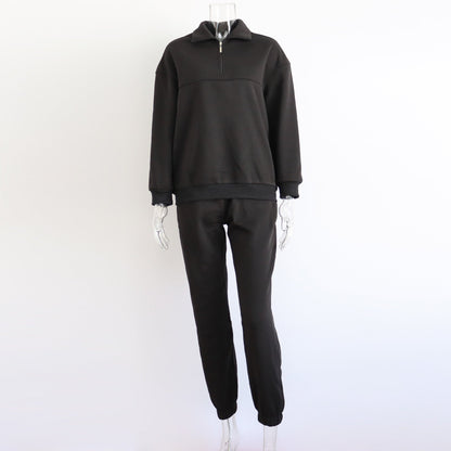 Long Sleeved Zipped Stand Collar Sweater Suit Autumn Winter Comfort Loose Sports Sweater Two Piece Set