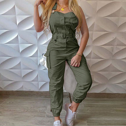 Workwear Belt Sleeveless Suspender Simple Ankle Banded Jumpsuit