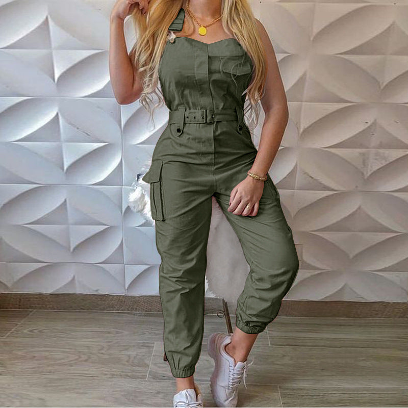 Workwear Belt Sleeveless Suspender Simple Ankle Banded Jumpsuit