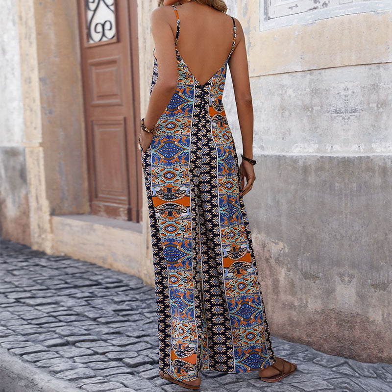 Summer Backless Print Strap Wide Leg Jumpsuit
