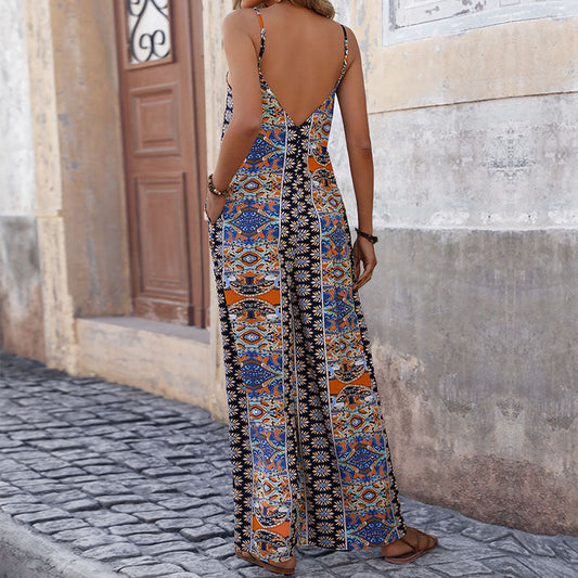 Summer Backless Print Strap Wide Leg Jumpsuit