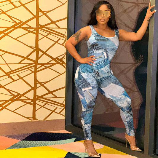 Clothing Summer Imitation Denim Printed Slim Fitting Suspenders Vest Jumpsuit