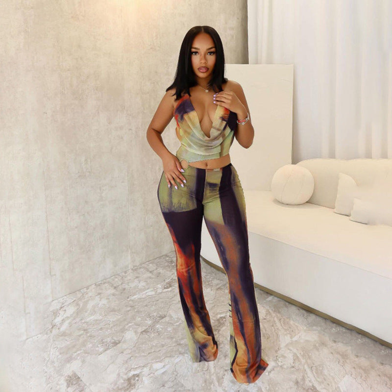 Fall Clothing Backless Mesh Contrast Color Lace Up Micro Pull Jumpsuit
