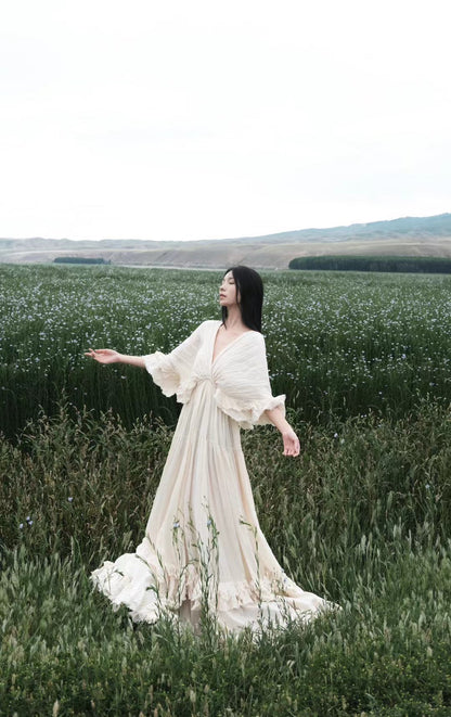 Tailande Linen Maxi Dress V-neck Ruffle Goddess Gown With 10-meter Full Hem