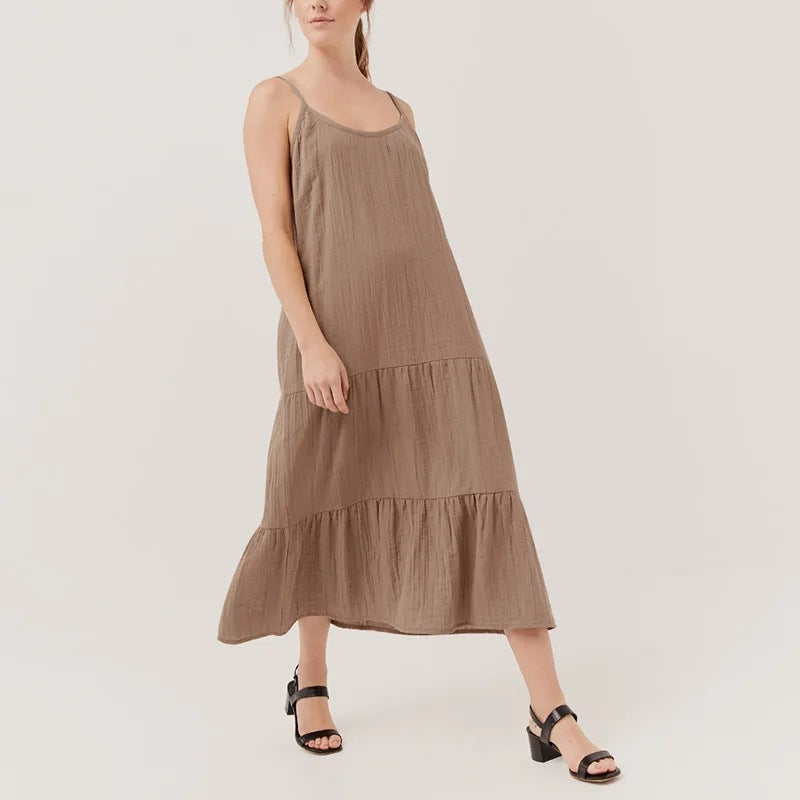 Crepe Cotton Suspender Dress Spring Summer Color Sleeveless Midi Dress Holiday Dress