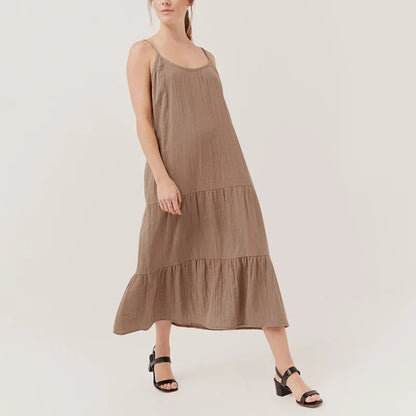 Crepe Cotton Suspender Dress Spring Summer Color Sleeveless Midi Dress Holiday Dress