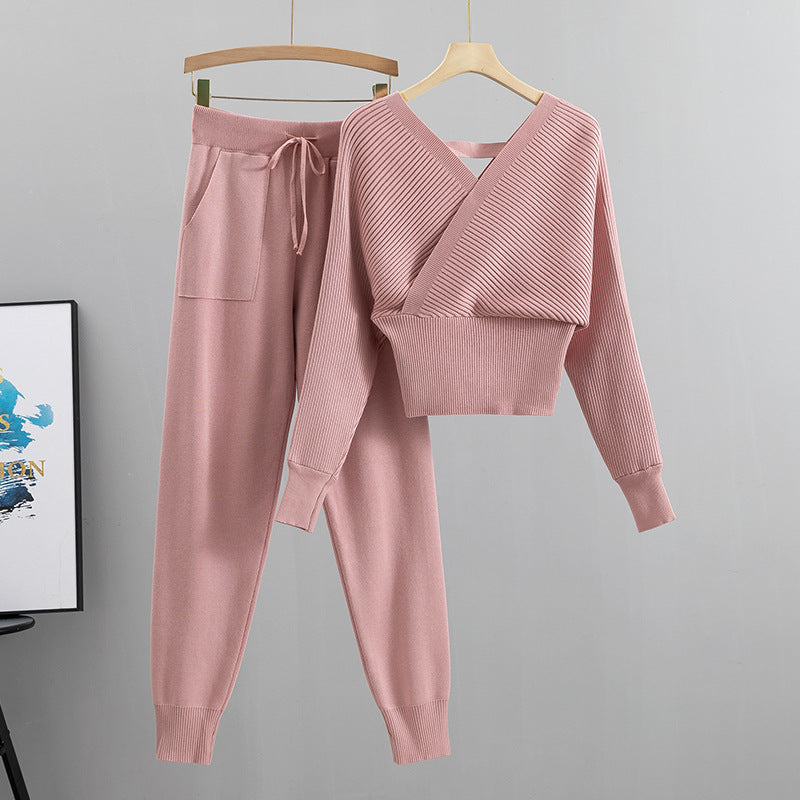 Socialite Outfit Autumn Short Shoulder Baring Sweater Top Ankle Tied Trousers Two Piece Set