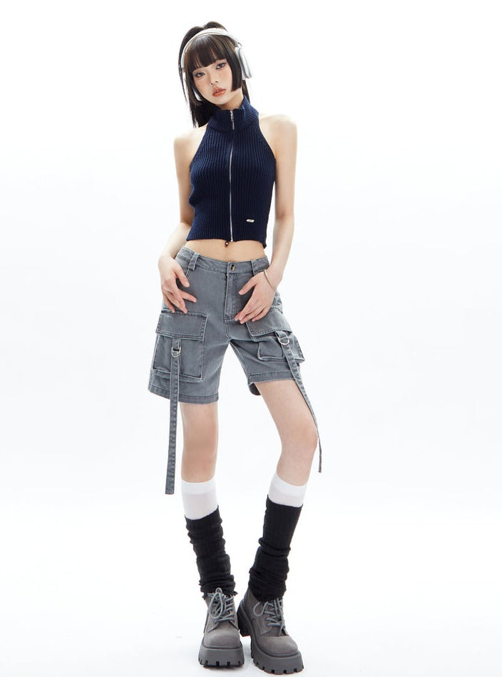Black Cargo Shorts With Dangling Straps