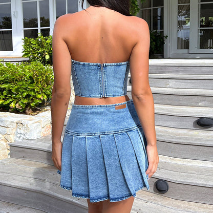 Summer Tube Top Denim Suit Sleeveless Bare Cropped High Waist Split Skirt