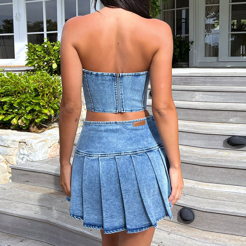 Summer Tube Top Denim Suit Sleeveless Bare Cropped High Waist Split Skirt