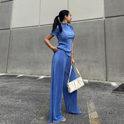 Spring Slimming T Shirt High Waist Blue Pleated Wide Leg Pants Clothing Suit