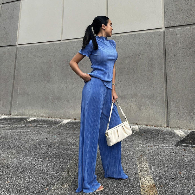 Spring Slimming T Shirt High Waist Blue Pleated Wide Leg Pants Clothing Suit