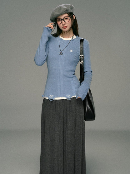 Distressed Ribbed Knit Sweater - Frayed Hem Long Sleeve Pullover