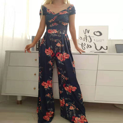 Spring Autumn Clothing Off Shoulder Printing Office Printed Waist Controlled Jumpsuit