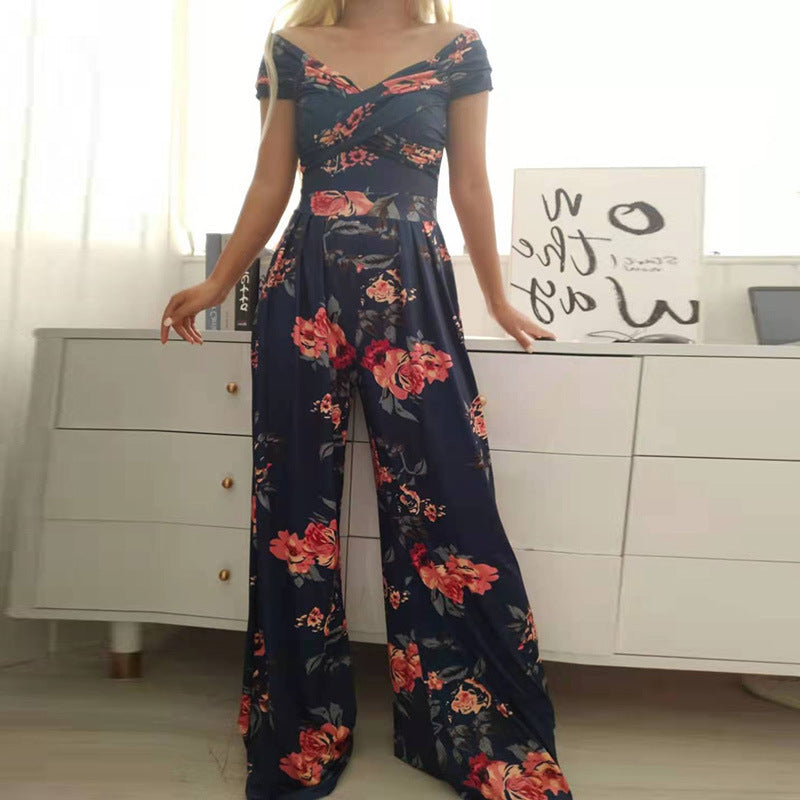 Spring Autumn Clothing Off Shoulder Printing Office Printed Waist Controlled Jumpsuit