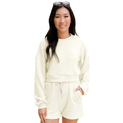 Autumn Winter Color Round Neck Pullover Long Sleeve Sweater Shorts Suit