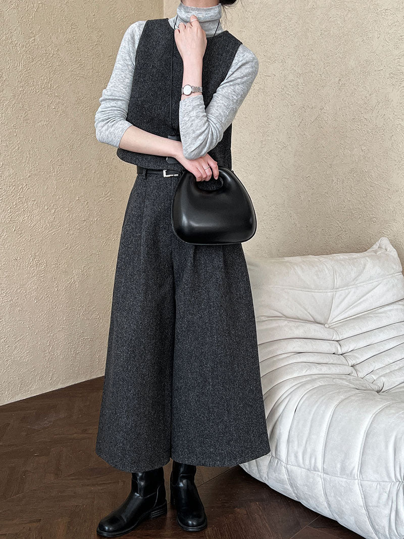Two Way Vest Wide Leg Pants Autumn Winter Woolen Two Piece Sets