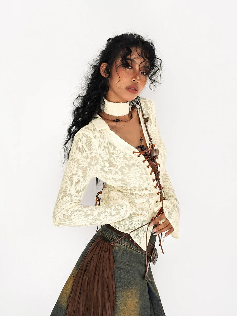 Nico Molly Lace-up Textured Cardigan - Ivory and Black ()