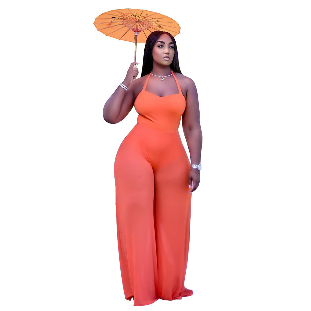 Clothing Color Double Sided Fabric Stitching Strap Halter Jumpsuit Woman Loose