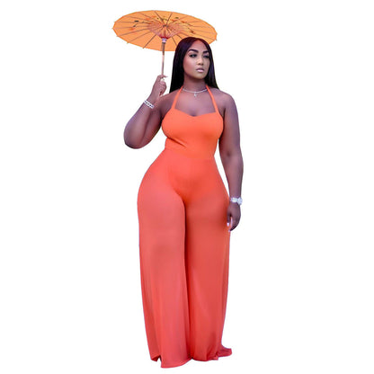 Clothing Color Double Sided Fabric Stitching Strap Halter Jumpsuit Woman Loose