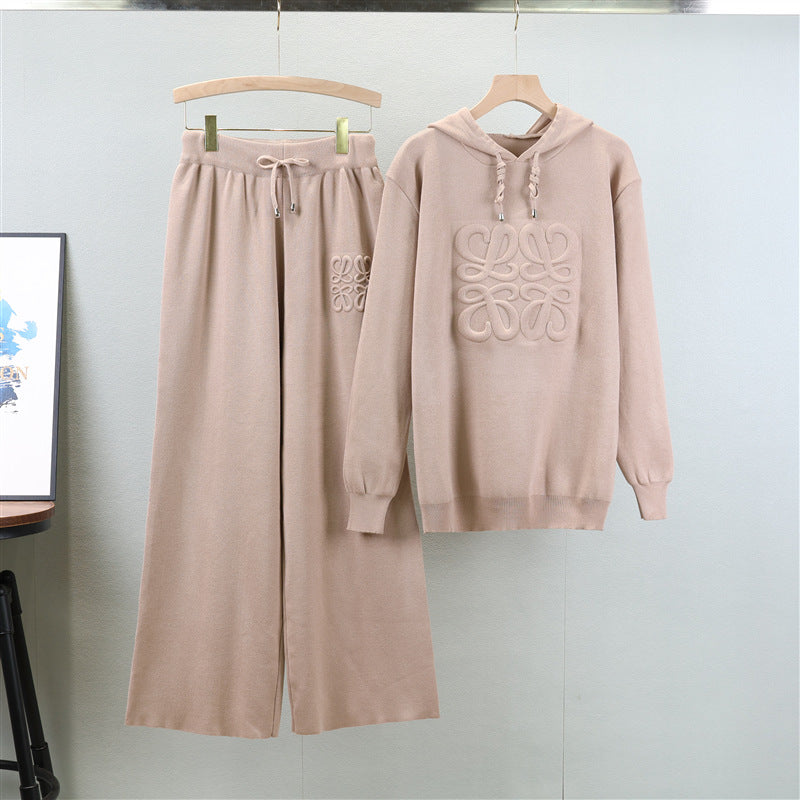 Suit Western Russian Hooded Cored Yarn Sweater Wide Leg Pants Knitted Two Piece