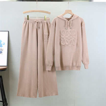 Suit Western Russian Hooded Cored Yarn Sweater Wide Leg Pants Knitted Two Piece