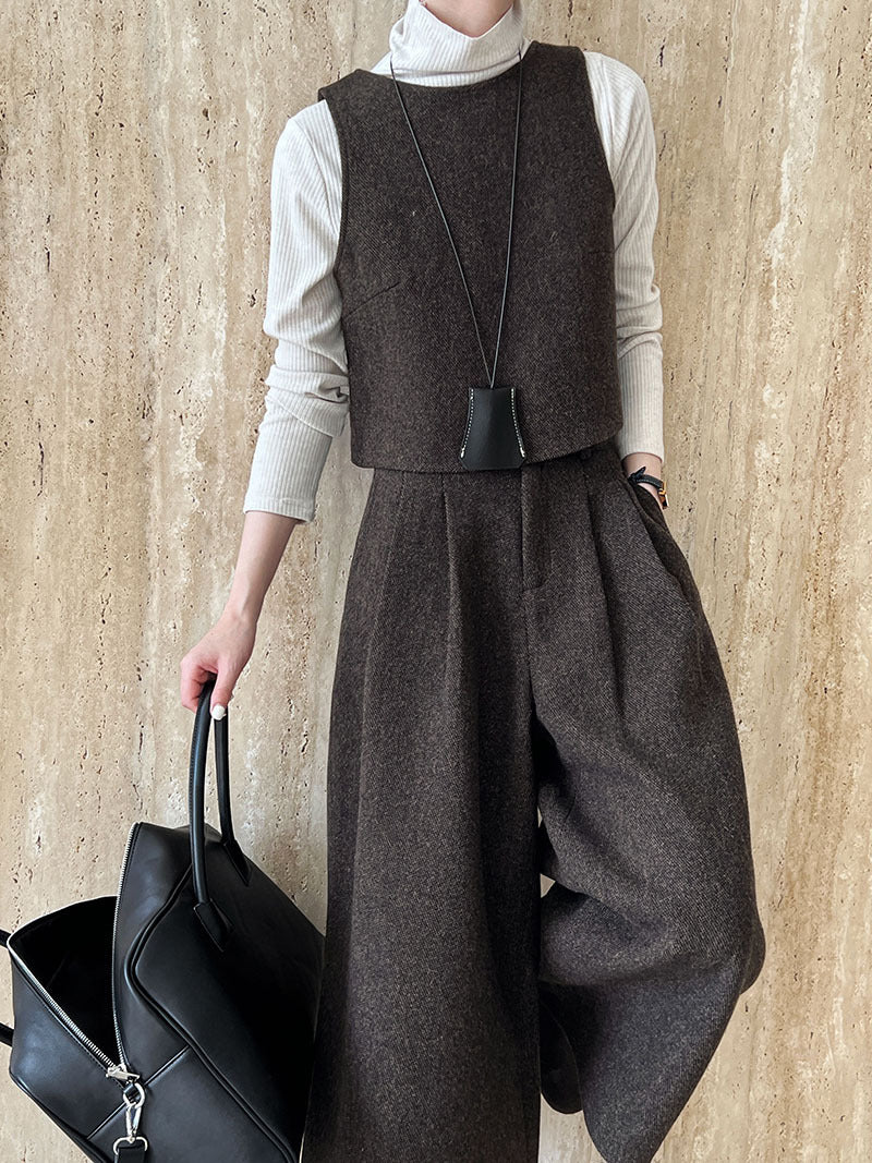 Two Way Vest Wide Leg Pants Autumn Winter Woolen Two Piece Sets